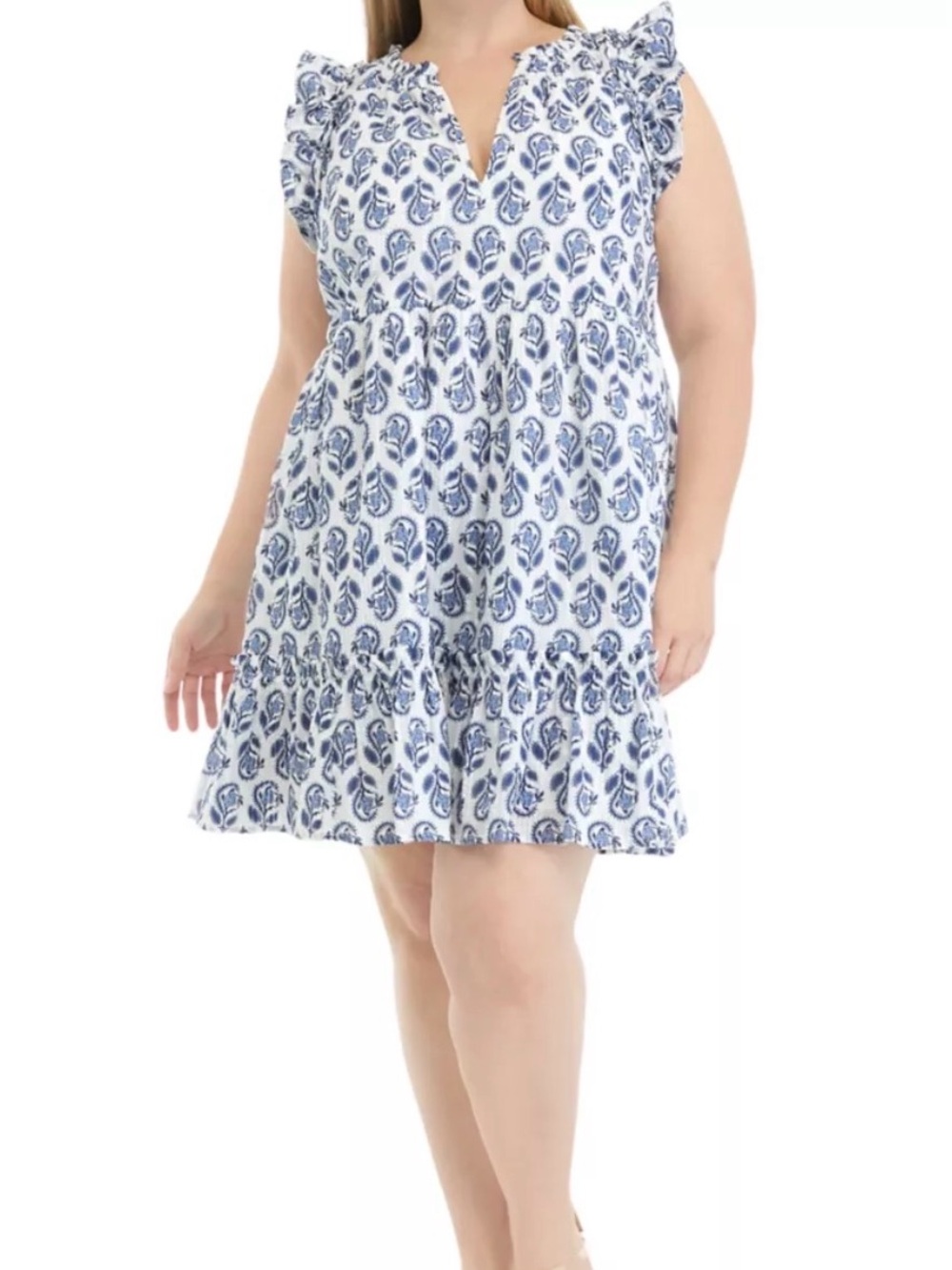 Crown & Ivy Plus Size 2X Dress 100% Cotton Blue White Paisley Tiered Ruffle